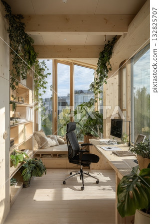 Modern smart home blending indoor plants, eco-friendly materials, and energy-efficient technology seamlessly Modern smart home blending indoor plants, eco-friendly materials, and energy-efficient technology seamlessly 132825707