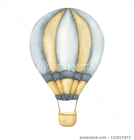 Hot air Balloon. Watercolor hand drawn illustration of a hot air Balloon in blue and beige colors. Drawing airship in vintage style. Hot air Balloon for kids goods, baby shower and children's room 132825972