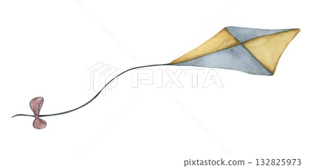 Kite. Watercolor hand drawn illustration of Kite in blue and beige colors. Children's toy illustration isolated. Drawing with air kite for kids goods, baby shower and children's room, childish holiday Kite. Watercolor hand drawn illustration of Kite in blue and beige colors. Children's toy illustration isolated. Drawing with air kite for kids goods, baby shower and children's room, childish holiday 132825973
