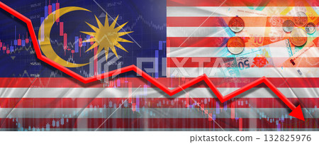 Malaysia financial crisis on economic graph. Financial fall Malaysian on economy market 132825976