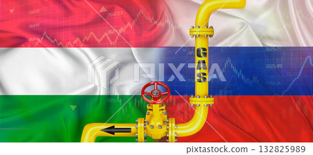 Gas pipeline with Russian and Hungary flag. Production and export of Russian gas to Hungary Gas pipeline with Russian and Hungary flag. Production and export of Russian gas to Hungary 132825989
