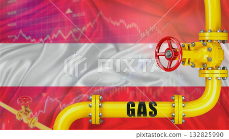 Gas pipeline with the Austria flag in the background. Gas production with Austrian flag on a market chart 132825990