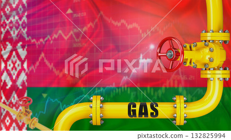 Gas pipeline with the Belarusian flag in the background. Gas production with the Belarusian flag on a market chart 132825994