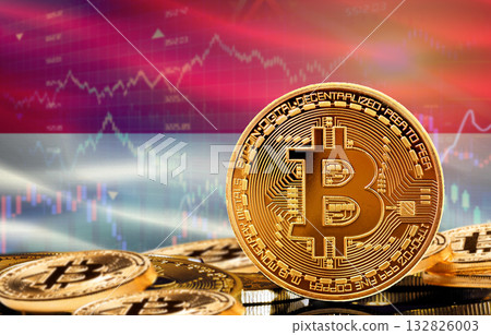 Investors in cryptocurrency and Blockchain Technology in Indonesia, Concept. Bitcoin with Indonesian flag 132826003
