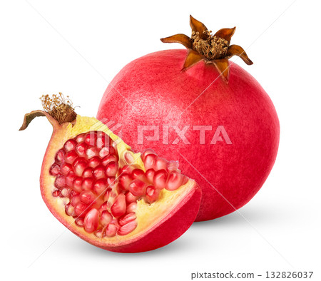 Fresh ripe pomegranate with cut in half isolated. Chunk of pomegranate with clipping path. Fresh ripe pomegranate with cut in half isolated. Chunk of pomegranate with clipping path. 132826037
