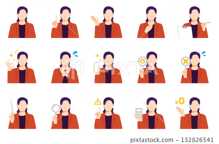 一組描繪女商人與顧客交談的各種姿勢的插畫。扁平化設計。 132826541