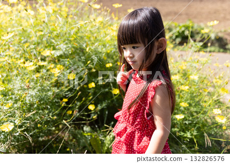 A 3-year-old girl in a red dress standing in a cosmos field 132826576