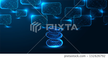 Digital mindfulness and AI wellness balance with glowing zen stones and speech bubbles 132826792