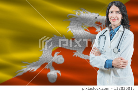Bhutanese medicine and healthcare concept. Close up of doctor against Bhutan flag background 132826813