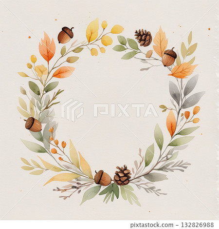 用斯堪的納維亞風格水彩繪製的秋季花環框架和堅果 132826988