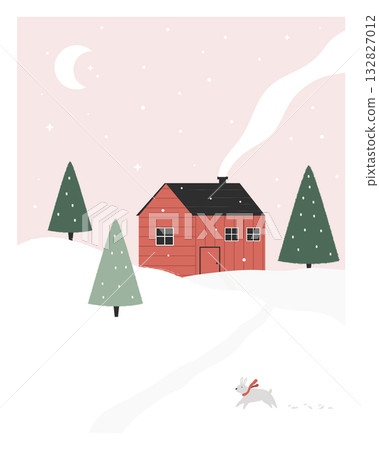 Cozy Red Cabin in Snowy Landscape. Cute Minimalist Winter Scene. Pink Retro Christmas Greeting Card 132827012