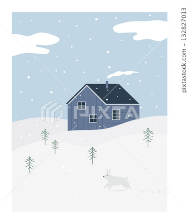 Minimalist Nordic Winter Landscape. Serene Scandinavian Scene with Slate Blue House and Rabbit. Elegant Holiday Illustration Minimalist Nordic Winter Landscape. Serene Scandinavian Scene with Slate Blue House and Rabbit. Elegant Holiday Illustration 132827013