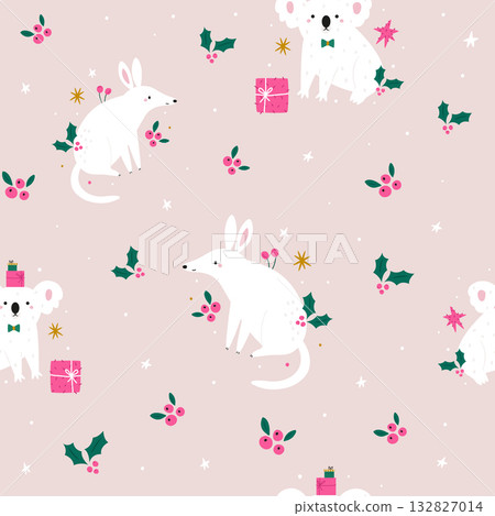 Seamless Christmas Pattern with Cute Pink Australian Animals. Festive Koala and Bilby with Holly, Gifts, and Snowflakes. 132827014