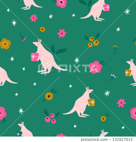 Cute Christmas Kangaroo Seamless Pattern with Gifts and Holly, Australian Holiday Animal Background. Cute Christmas Kangaroo Seamless Pattern with Gifts and Holly, Australian Holiday Animal Background. 132827015