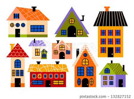 Various colorful small and tiny houses of different shapes, sizes and angles in cartoon comic style. Creative hand drawn vector retro illustration houses, buildings, windows, doors, roofs, chimneys. 132827152