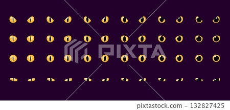 Set of yellow glowing eyes dark background fantasy magic cartoon animal reptile feline mammal monster demon Set of yellow glowing eyes dark background fantasy magic cartoon animal reptile feline mammal monster demon 132827425