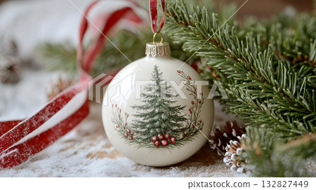 A delicate round ceramic ornament with a hand-painted Christmas tree, surrounded by intricate pine needles and subtle holiday accents. 132827449