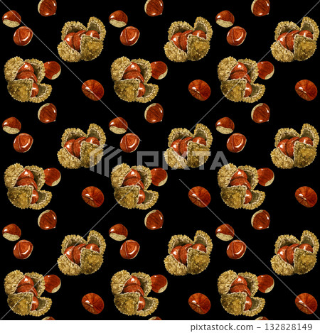Seamless pattern of chestnuts. Hand-drawn watercolor illustration background material of autumn flavors. Seamless pattern of chestnuts. Hand-drawn watercolor illustration background material of autumn flavors. 132828149