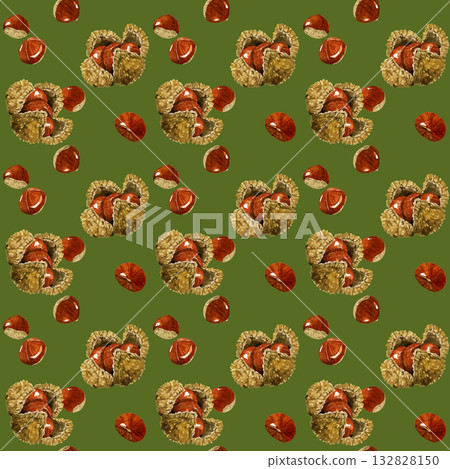 栗子無縫圖案。手繪水彩插畫背景素材，展現秋日風味。 132828150
