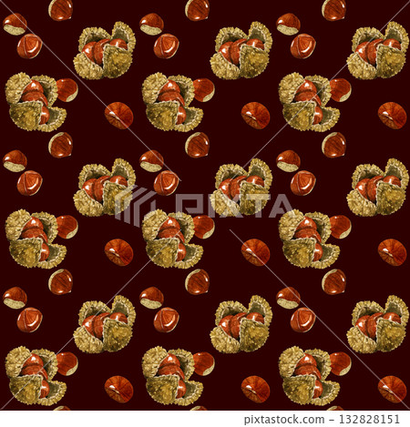 栗子無縫圖案。手繪水彩插畫背景素材，展現秋日風味。 132828151