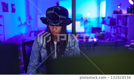Hacker, cybersecurity and programming with woman in home for ransomware, database or it at night. Neon, coding and technology with girl programmer and computer for phishing, network or software crime Hacker, cybersecurity and programming with woman in home for ransomware, database or it at night. Neon, coding and technology with girl programmer and computer for phishing, network or software crime 132828536