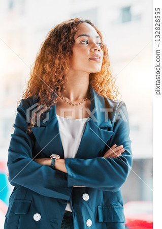 Business, woman arms crossed and thinking for opportunity, vision and success with new project. Female leader, ceo and manager with skills, leadership and profit growth with future plan or motivation Business, woman arms crossed and thinking for opportunity, vision and success with new project. Female leader, ceo and manager with skills, leadership and profit growth with future plan or motivation 132828555