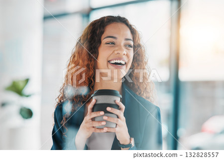 Business, happy woman and thinking with coffee, office and excited opportunity, ideas or success. Female worker, smile and vision in startup with drink, corporate motivation or dream of mindset goals 132828557