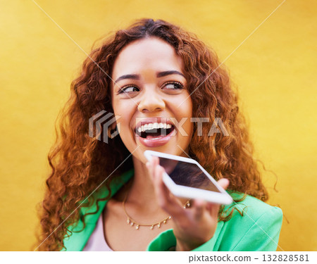 Phone, loudspeaker and woman talking on yellow background, color wall and backdrop. Trendy female, mobile voice recording and communication on smartphone, audio chat and happy speech on cellphone mic Phone, loudspeaker and woman talking on yellow background, color wall and backdrop. Trendy female, mobile voice recording and communication on smartphone, audio chat and happy speech on cellphone mic 132828581