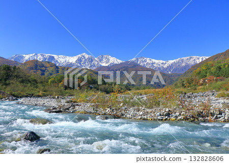 Hakuba Sanzan and three-tiered autumn foliage 132828606
