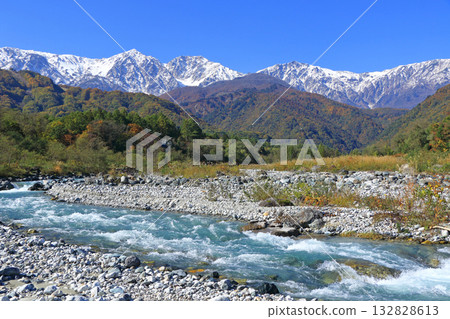 Hakuba Sanzan and three-tiered autumn foliage Hakuba Sanzan and three-tiered autumn foliage 132828613
