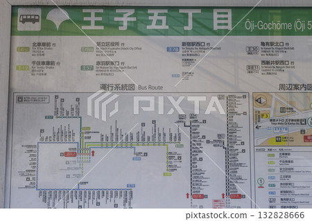 北區王子五丁目公車站張貼有路線圖和周邊地區資訊。 北區王子五丁目公車站張貼有路線圖和周邊地區資訊。 132828666