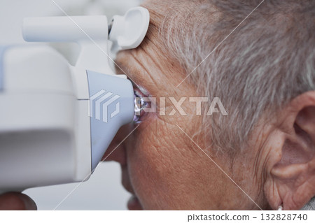 Optometry, eye exam and medical with old woman and consulting for healthcare, vision or glaucoma. Ophthalmology, prescription and technology with senior patient and machine for test, check or results Optometry, eye exam and medical with old woman and consulting for healthcare, vision or glaucoma. Ophthalmology, prescription and technology with senior patient and machine for test, check or results 132828740