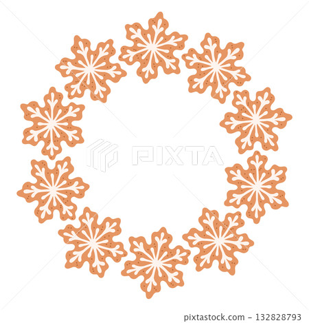 Simple gingerbread cookie snowflake festive round frame with Christmas decor. The simple vector design perfect for Christmas and New Year decorations or holiday greetings. 132828793