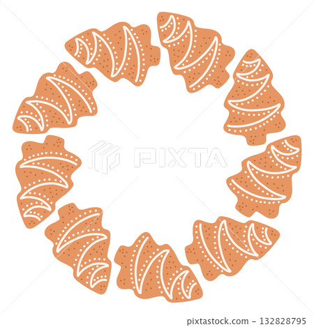 Simple gingerbread cookie tree festive round frame with Christmas decor. The simple vector design perfect for Christmas and New Year decorations or holiday greetings. 132828795