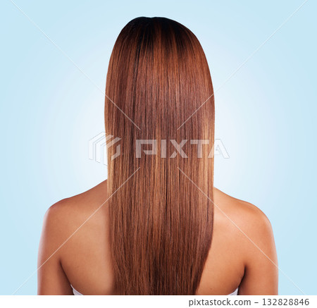 Back, hair care and beauty of black woman in studio isolated on a blue background. Hairstyle, keratin cosmetics and aesthetics of female model with salon treatment for growth, texture and balayage. 132828846