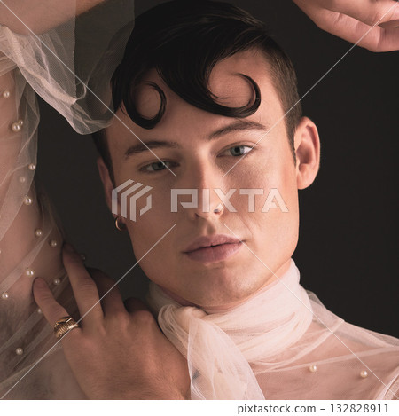 Portrait, non binary fashion and vintage aesthetic with designer clothing and beauty in studio. Isolated, black background and lgbtq or gay model with contemporary creativity and gender neutral art Portrait, non binary fashion and vintage aesthetic with designer clothing and beauty in studio. Isolated, black background and lgbtq or gay model with contemporary creativity and gender neutral art 132828911