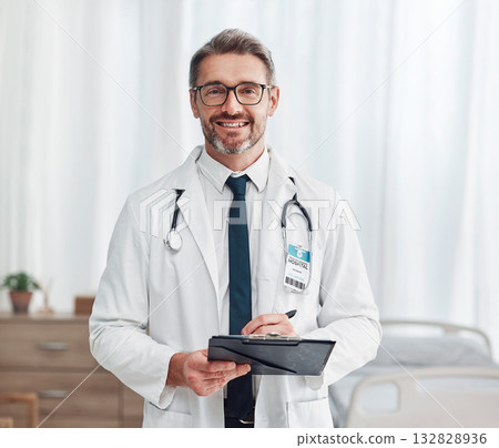 Healthcare, leadership and portrait of doctor, man in hospital for support, success and help in medical work. Health, medicine and confident mature professional with stethoscope, smile and clipboard. 132828936