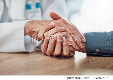 Healthcare, care or doctor support holding hands of patient for trust, consulting or cancer news report. Medical, medicine or insurance nurse with wellness heart problem empathy comfort in hospital Healthcare, care or doctor support holding hands of patient for trust, consulting or cancer news report. Medical, medicine or insurance nurse with wellness heart problem empathy comfort in hospital 132828959