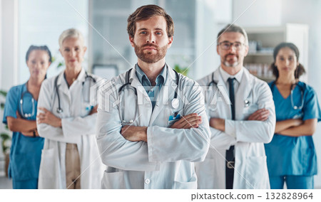 Teamwork, leadership and portrait of doctor with team in hospital with support, success and help in medical work. Health, wellness and medicine, confident doctors and nurses or healthcare employees. 132828964