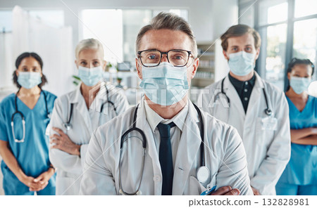 Covid, teamwork and team portrait of doctors and nurses in hospital, support and success in healthcare. Health, help and medicine, confident senior doctor and happy medical employees smile together. 132828981