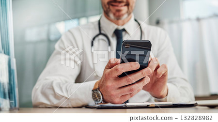 Healthcare, hospital and hands of doctor with phone for social media, research and online consulting. Communication, insurance and man with smartphone for wellness app, medical data and telehealth 132828982