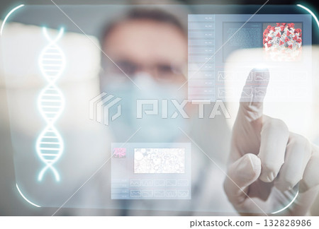 Futuristic healthcare, hologram and hands of doctor for wellness app, medical abstract and research. Digital mockup, 3d overlay and health worker with user interface, ai screen and telehealth system 132828986