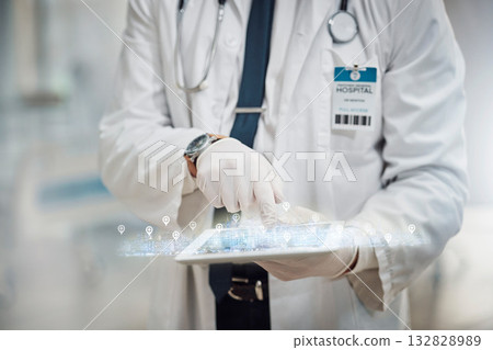 Futuristic healthcare, hologram and doctor with tablet for patient data, medical care and research. Hospital mockup, 3d screen and health worker with digital tech for internet, network and telehealth Futuristic healthcare, hologram and doctor with tablet for patient data, medical care and research. Hospital mockup, 3d screen and health worker with digital tech for internet, network and telehealth 132828989