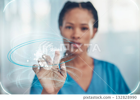Futuristic healthcare, nurse with hologram and black woman for wellness, medical care and global research. Digital mockup, 3d overlay and doctor hand for user interface, ai tech and telehealth system Futuristic healthcare, nurse with hologram and black woman for wellness, medical care and global research. Digital mockup, 3d overlay and doctor hand for user interface, ai tech and telehealth system 132828990