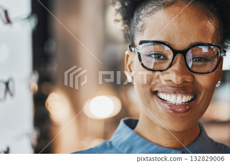 Glasses portrait, black woman and customer in a store with happiness and mockup. Eye consulting, smile and eyewear assessment in a frame shop for vision test and prescription exam with mock up 132829006
