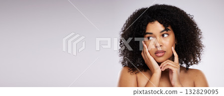 Mockup, skincare and black woman thinking, cosmetics and dermatology against grey studio background. African American female, lady and makeup for salon luxury treatment, organic facial and beauty 132829095