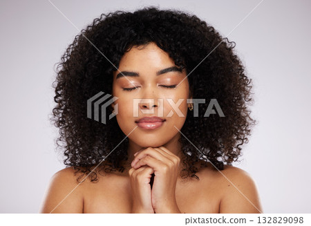 Makeup, black woman and skincare with beauty, dermatology and grooming against grey studio background. African American female, lady and cosmetics with morning routine, treatment and healthy skin 132829098