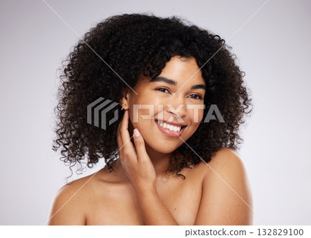 Mockup, skincare and black woman with smile, beauty and dermatology against grey studio background. African American female, lady or cosmetics for morning routine, grooming or treatment for soft skin 132829100