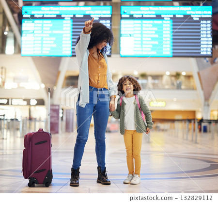 Airport, suitcase and mother with child show travel journey for holiday, vacation or immigration. Black family or mom with girl kid in lobby with luggage excited for flight together holding hands 132829112