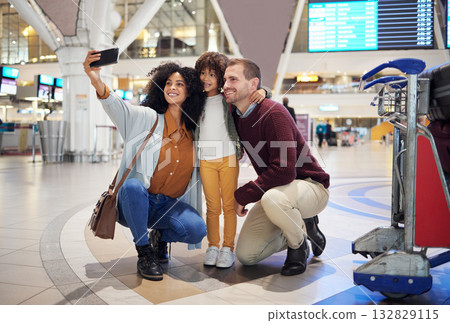 Family selfie, airport and child with parents for travel, diversity and interracial bonding with smile. Man, happy black woman and girl kid with smartphone for profile picture on social media app Family selfie, airport and child with parents for travel, diversity and interracial bonding with smile. Man, happy black woman and girl kid with smartphone for profile picture on social media app 132829115